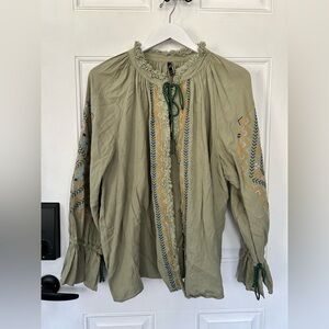 Zara Olive Green Embroidered Peasant Tunic